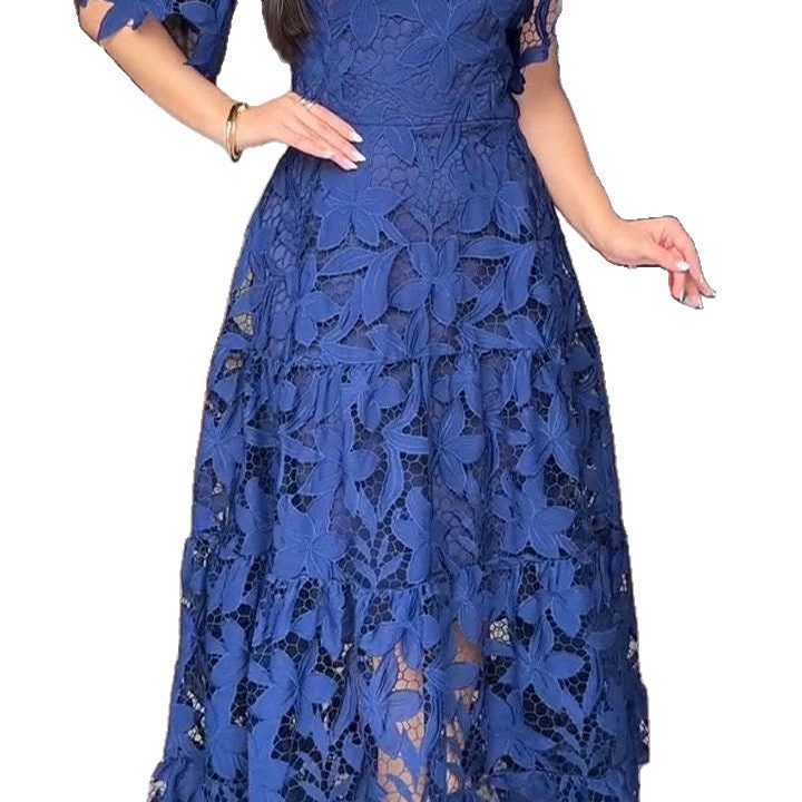 Lace Hollow-out Round-neck Longline Waist-cinching Dress