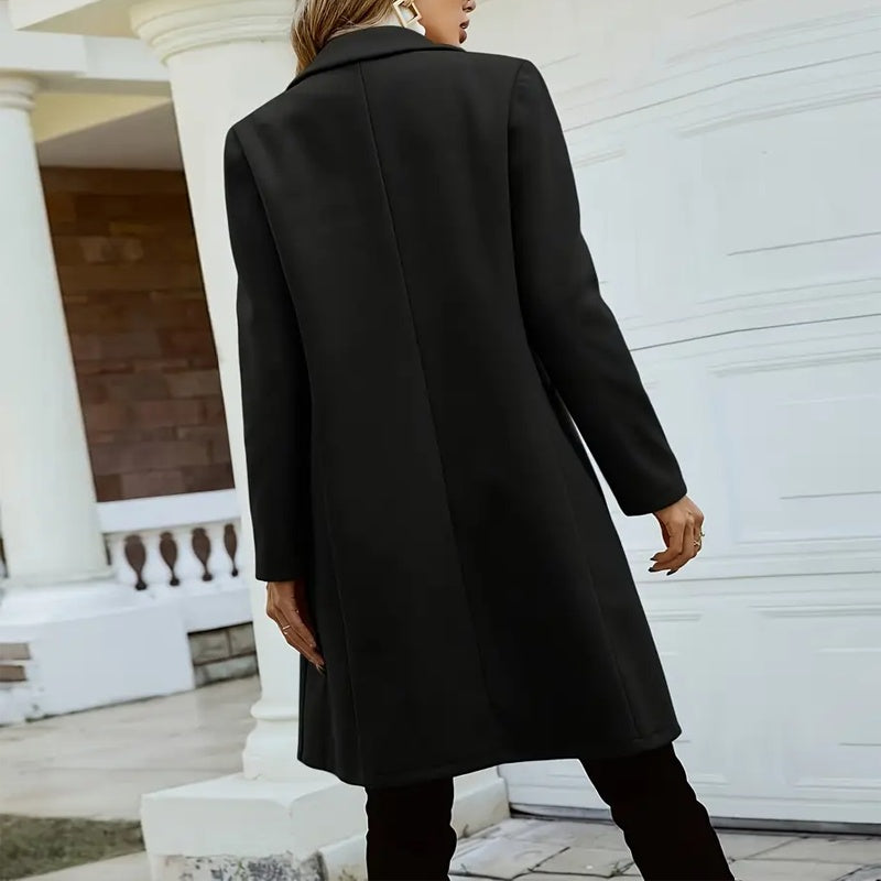 Women's Solid Color Double-Breasted Wool-Like Coat Notch Lapel Long Sleeve Mid-Length Overcoat With Pockets