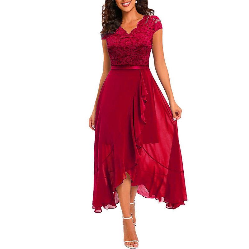 Women’s V-Neck Short Sleeve Formal Dress with Lace Bodice