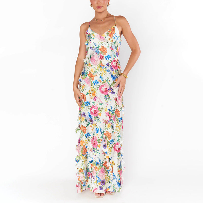 Womens Patchwork Ruffle-Trimmed Resort-Style Slip Dress