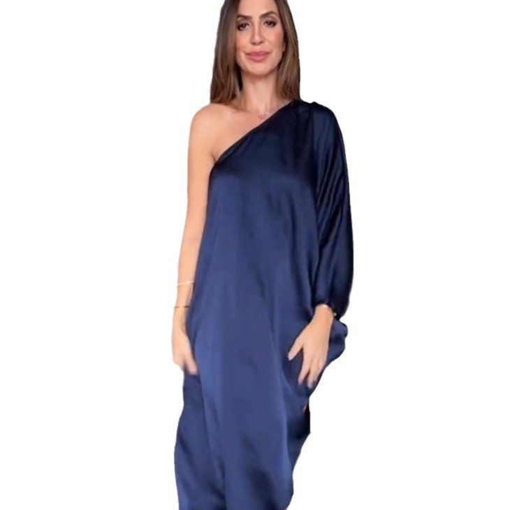 Blue Fashionable One-Shoulder Sexy Versatile Dress