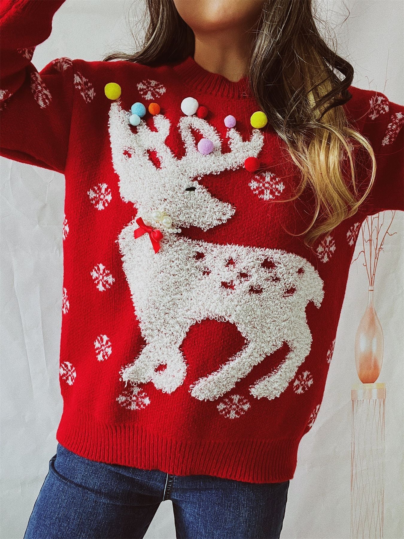Women's Elk Flocking Jacquard Handmade Pearl Colorful Ball Decorative Knitted Christmas Sweater