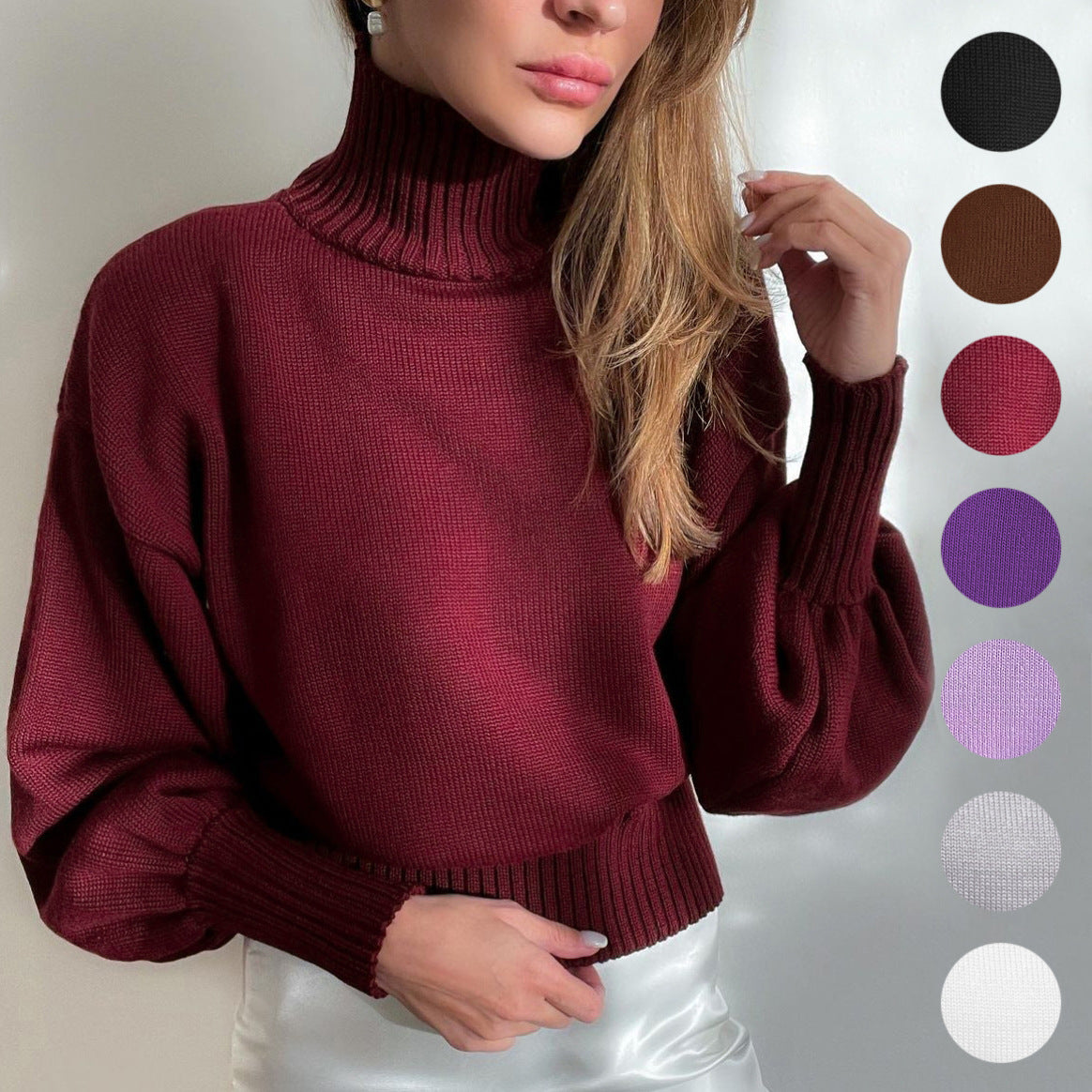 Women’s Solid Color Puff Sleeve Turtleneck Sweater in 7 Colors S-XL - Wazzi's Wear