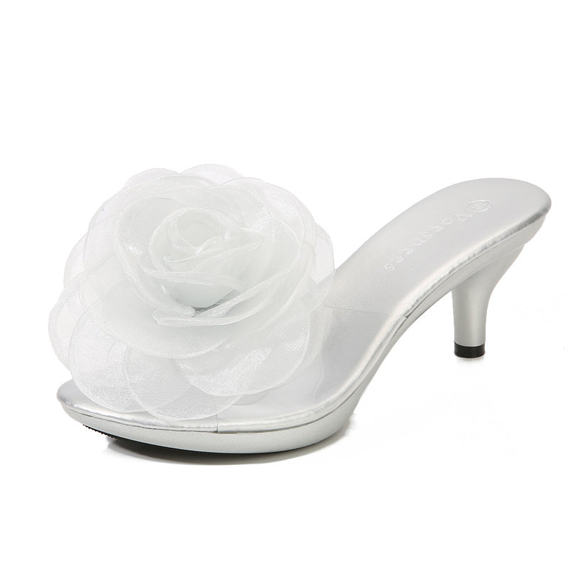 Transparent Slippers with Flower and Short Stiletto Heel