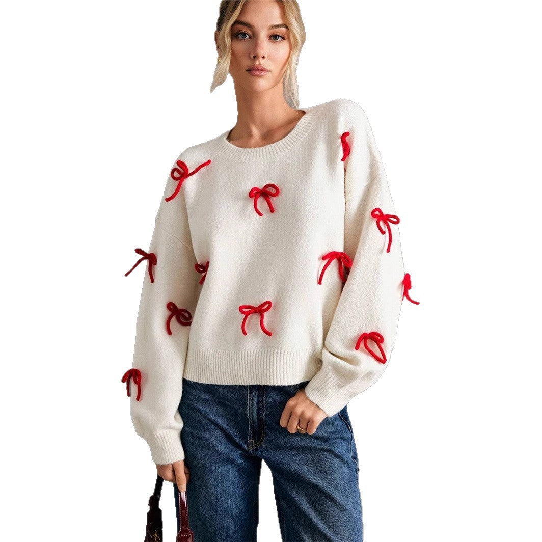Red Bow Decoration Loose Crew Neck Pullover Sweater Women