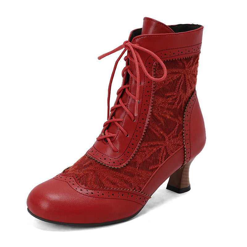 34-50 Plus-Size Autumn Winter Lace Patchwork Colorblock Lace-Up Boots