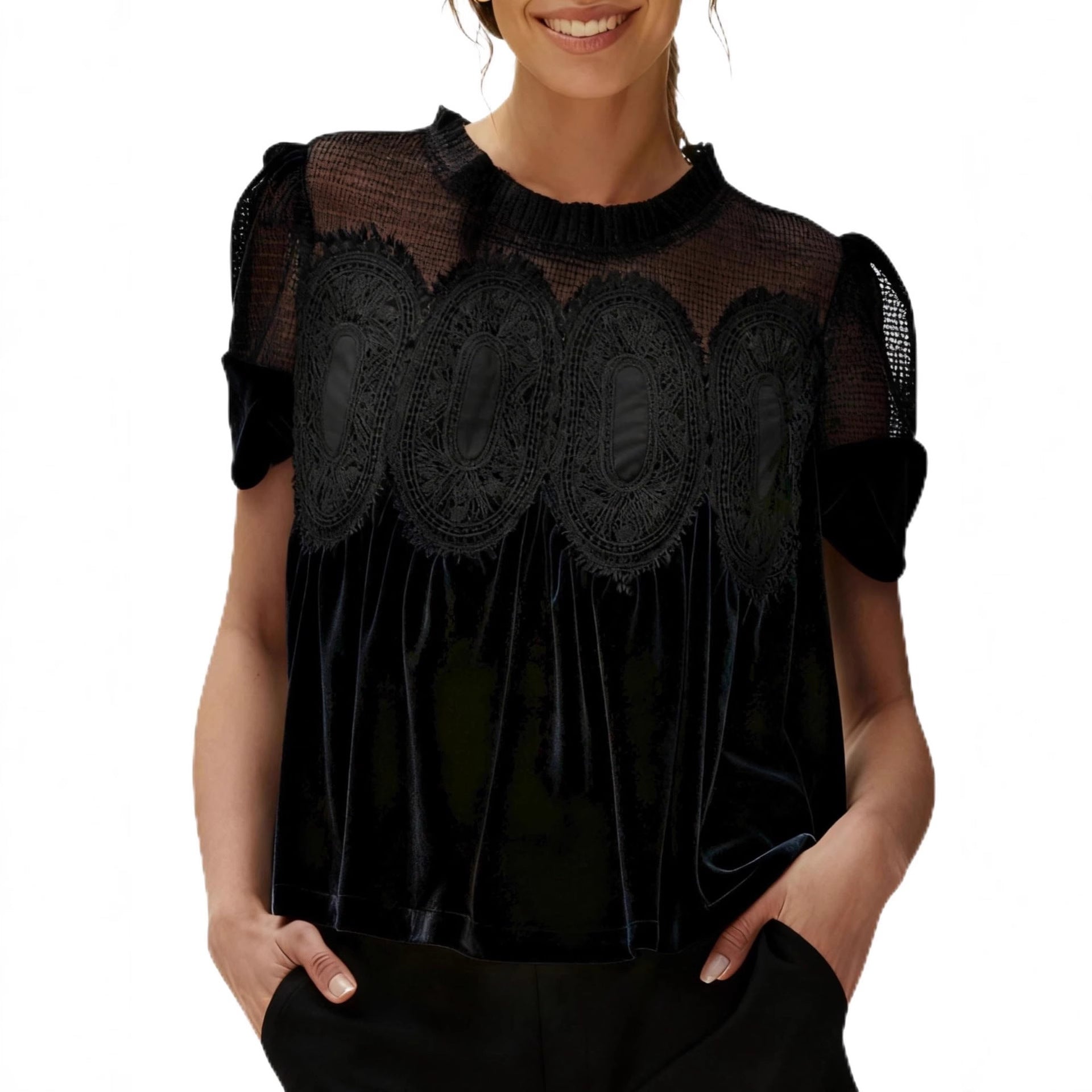 Women's Fashion Mesh Embroidered Crew-Neck Pullover Solid Color Top