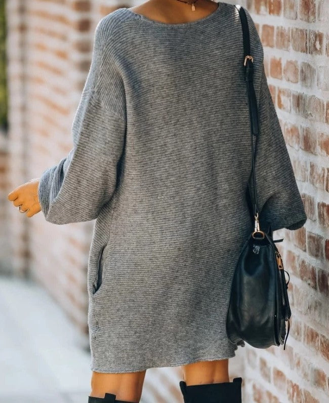 Women's Autumn And Winter New Style Solid Color Pocket Sweater Dress
