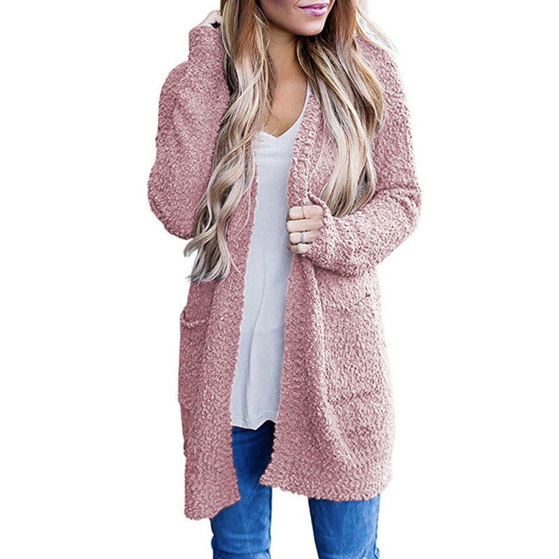 Women’s Solid Color Fleece Mid-Length Cardigan