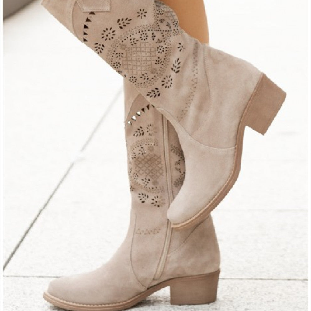 Suede Calf Boots with Short Block Heel