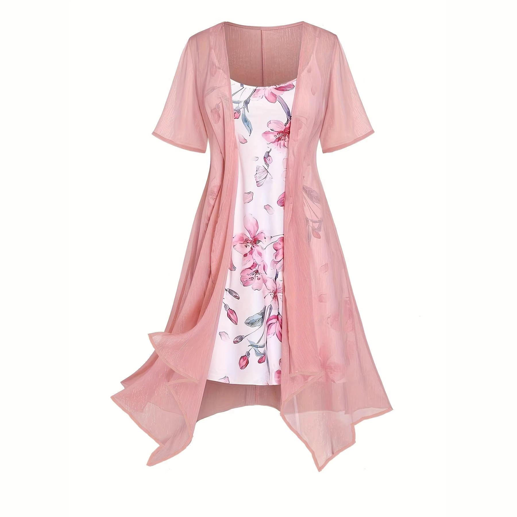 Women's Elegant Two-piece Dress Set, Floral Print Camisole Dress And Short Sleeved Long Jacket