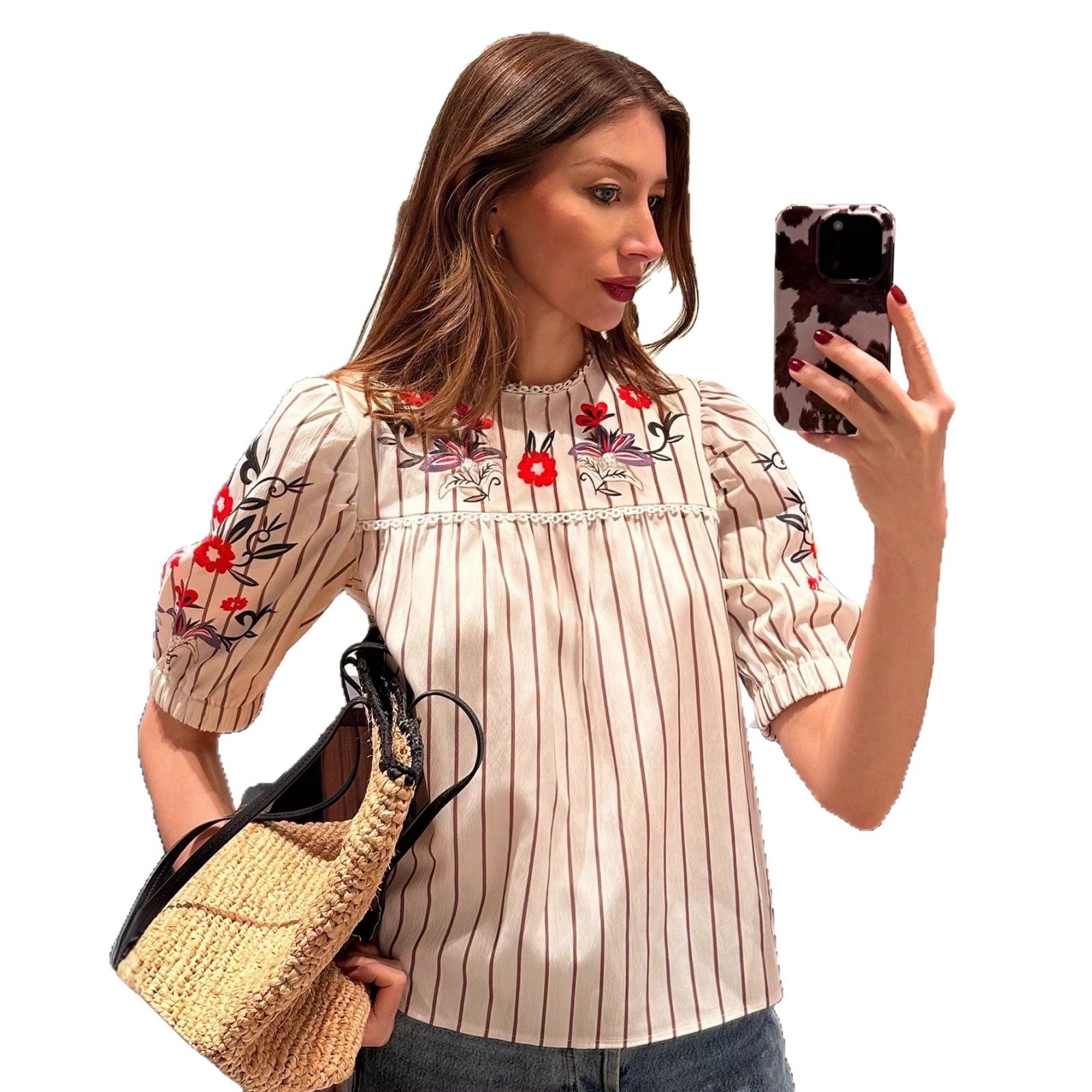 Retro Striped Floral Top French Vacation-Style Loose Shirt