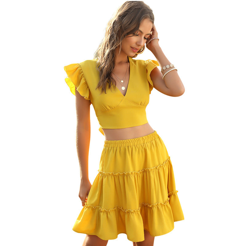 V-neck ruffle sleeve dress