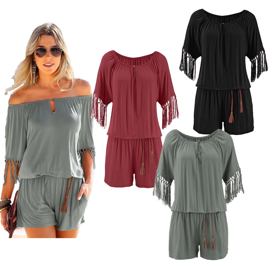 Women’s Off-the-Shoulder Romper with Tasseled Short Sleeves and Pockets in 3 Colors S-XXL - Wazzi's Wear