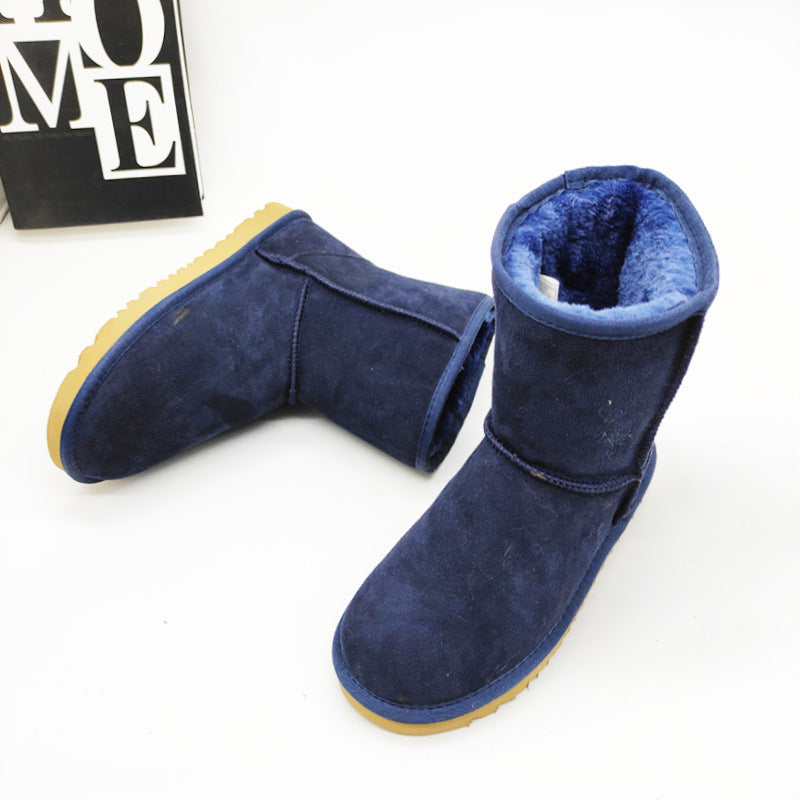 Women's Leather Mid-Calf Flat Heel Snow Boots