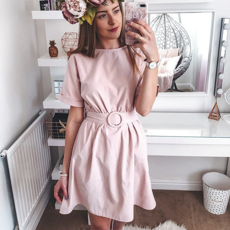 A-line skirt short sleeve belt short dress