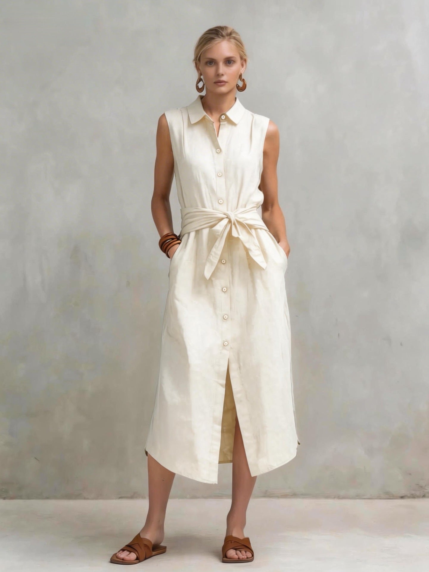 Casual Cotton-Linen Bag-Style Solid-Colored Sleeveless Dress