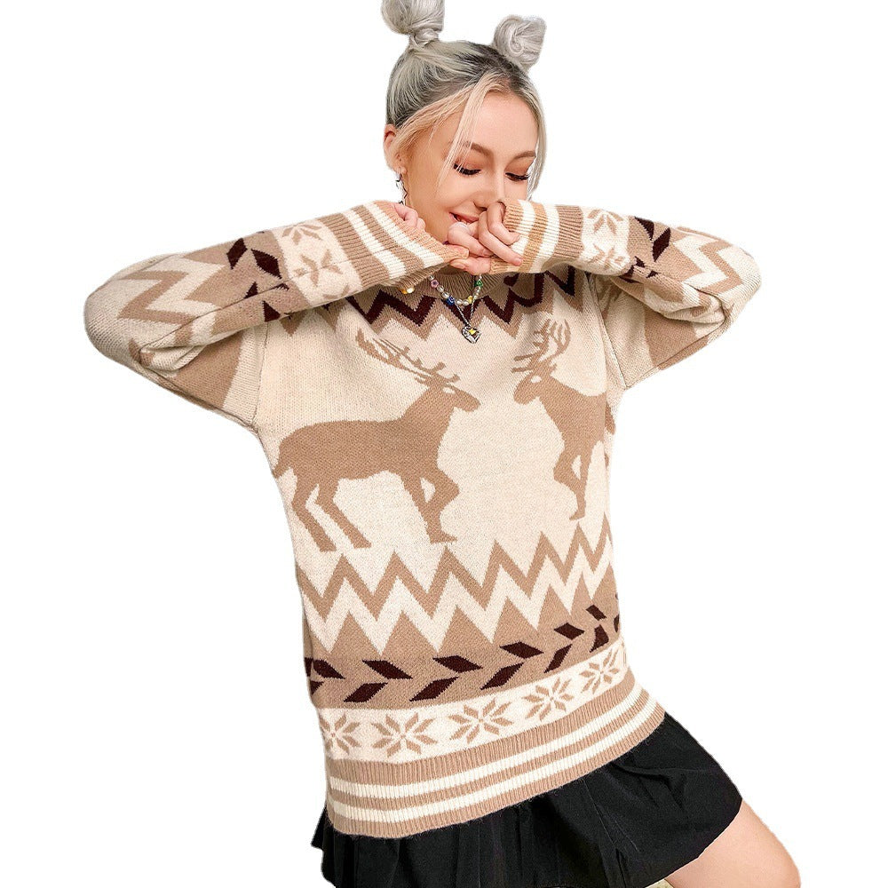 Round Neck Pullover Elk Christmas Style Women's Knitted Sweater Women