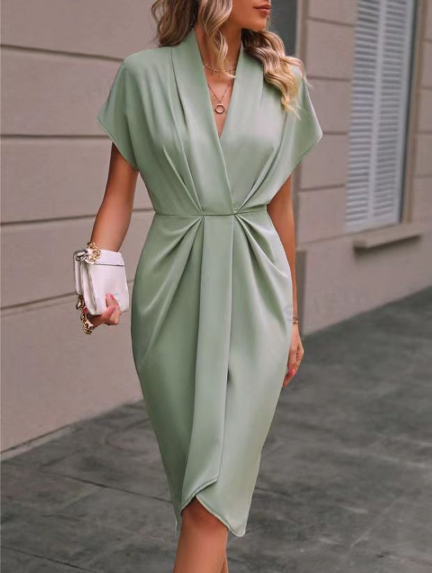 Women’s Elegant Pleated V-Neck Short Sleeve Wrap Midi Dress