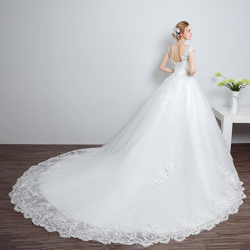 Women’s Lace Short Sleeve Wedding Dress with Train S-XXL - Wazzi's Wear