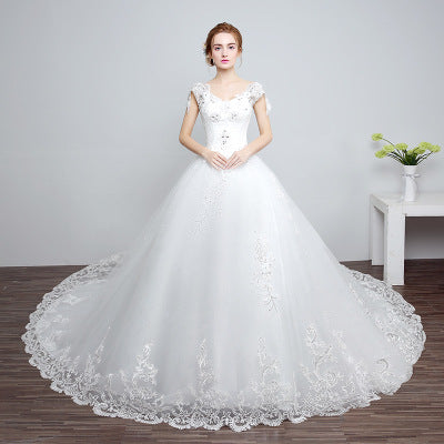 Women’s Lace Short Sleeve Wedding Dress with Train S-XXL - Wazzi's Wear