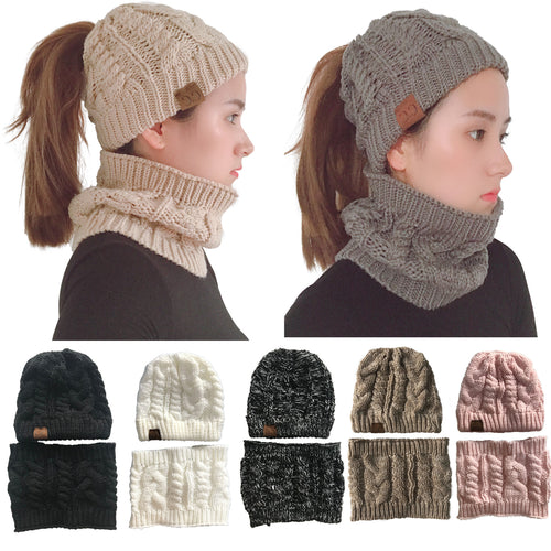 Women's Knit Ponytail Toque with Matching Neck Warmer in 7 Colors - Wazzi's Wear