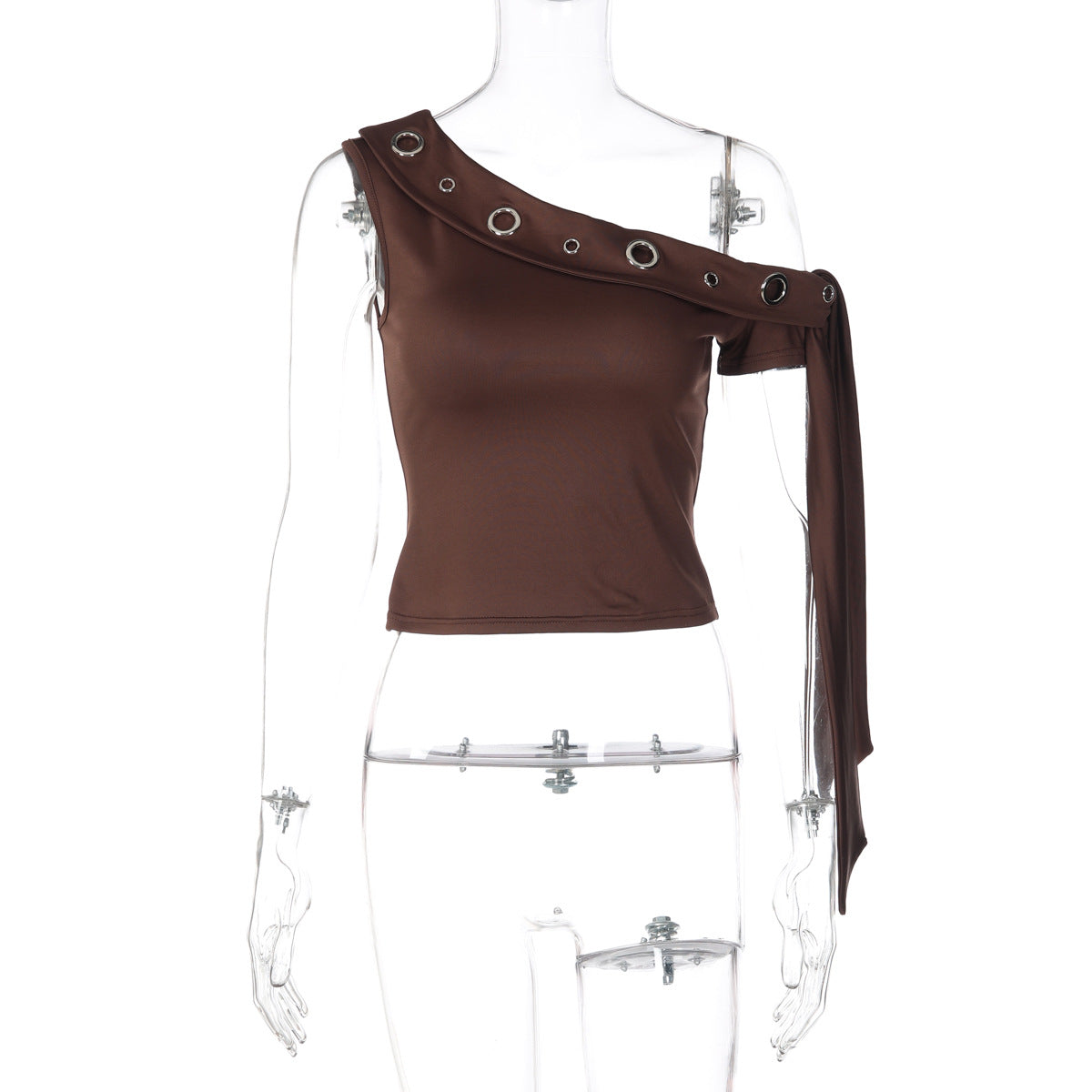 Summer Metal Eyelet One Shoulder Slit Neck Top With Ribbon Straps