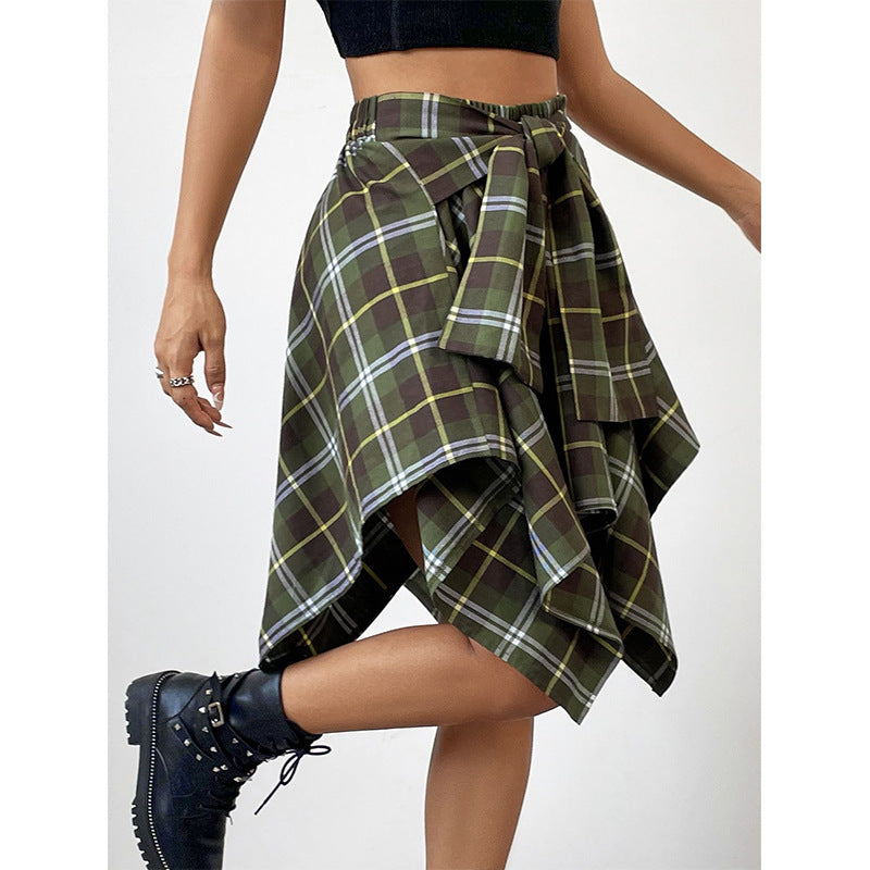 European And American All-match Women's High Waist Irregular Plaid Skirt