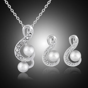 Women’s Faux Pearl and Diamond Music Note Silver Necklace with Matching Earrings Set - Wazzi's Wear