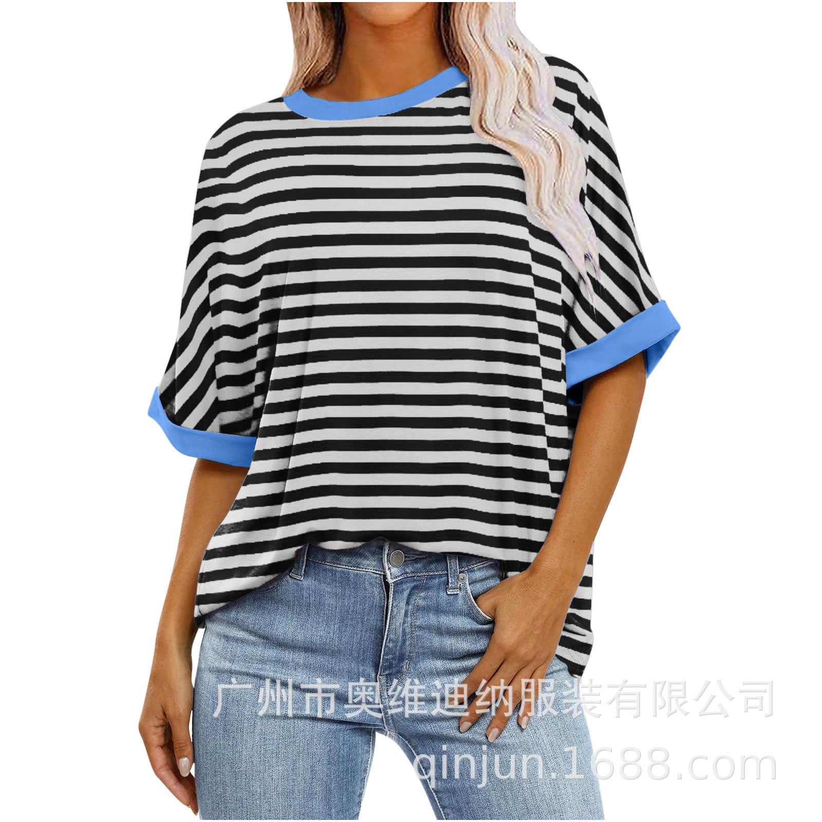 Striped Crewneck Trendy Short-sleeve Color-block Pullover