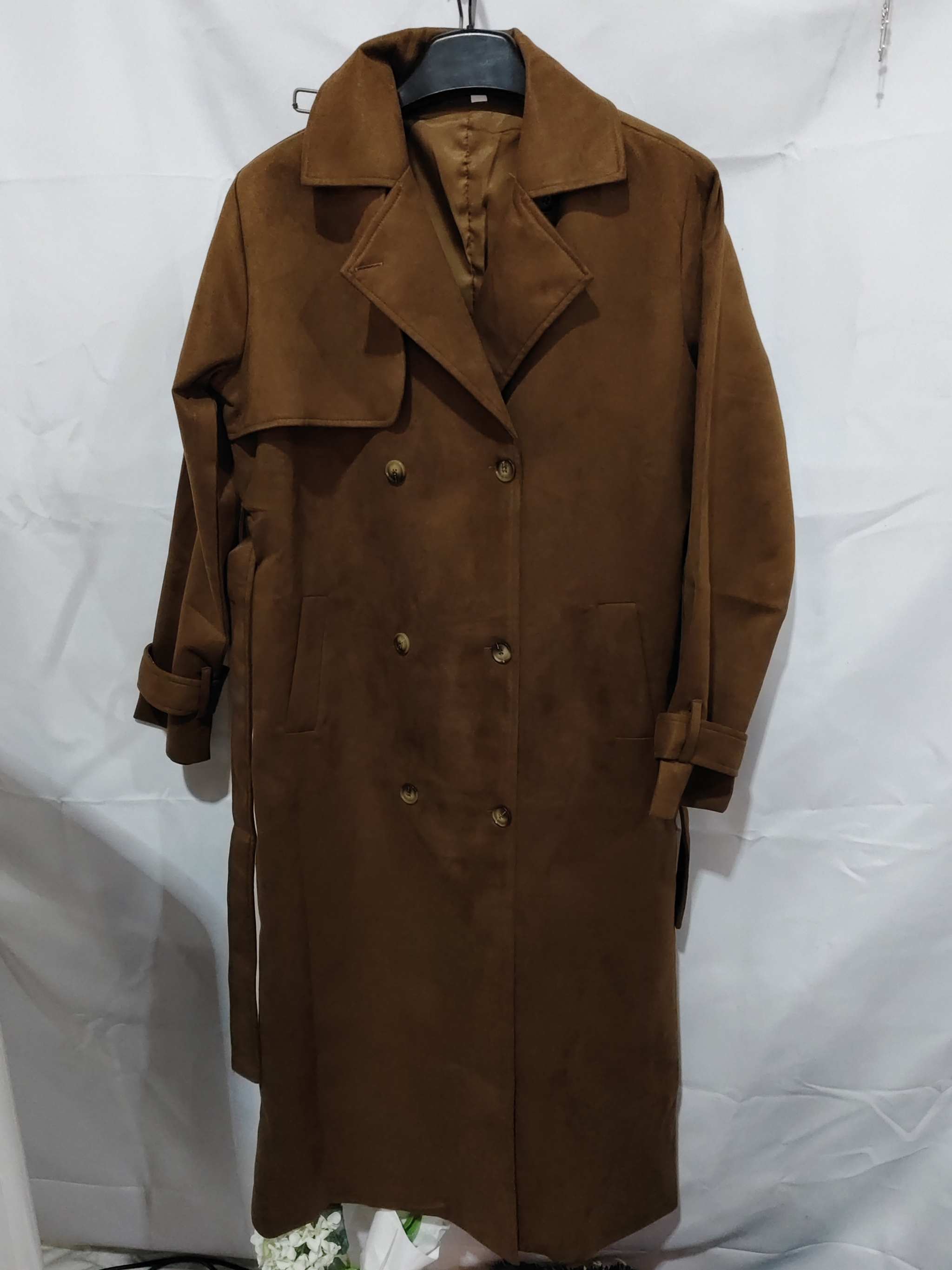 Brown double breasted lapel coat with belt for women winter outwear