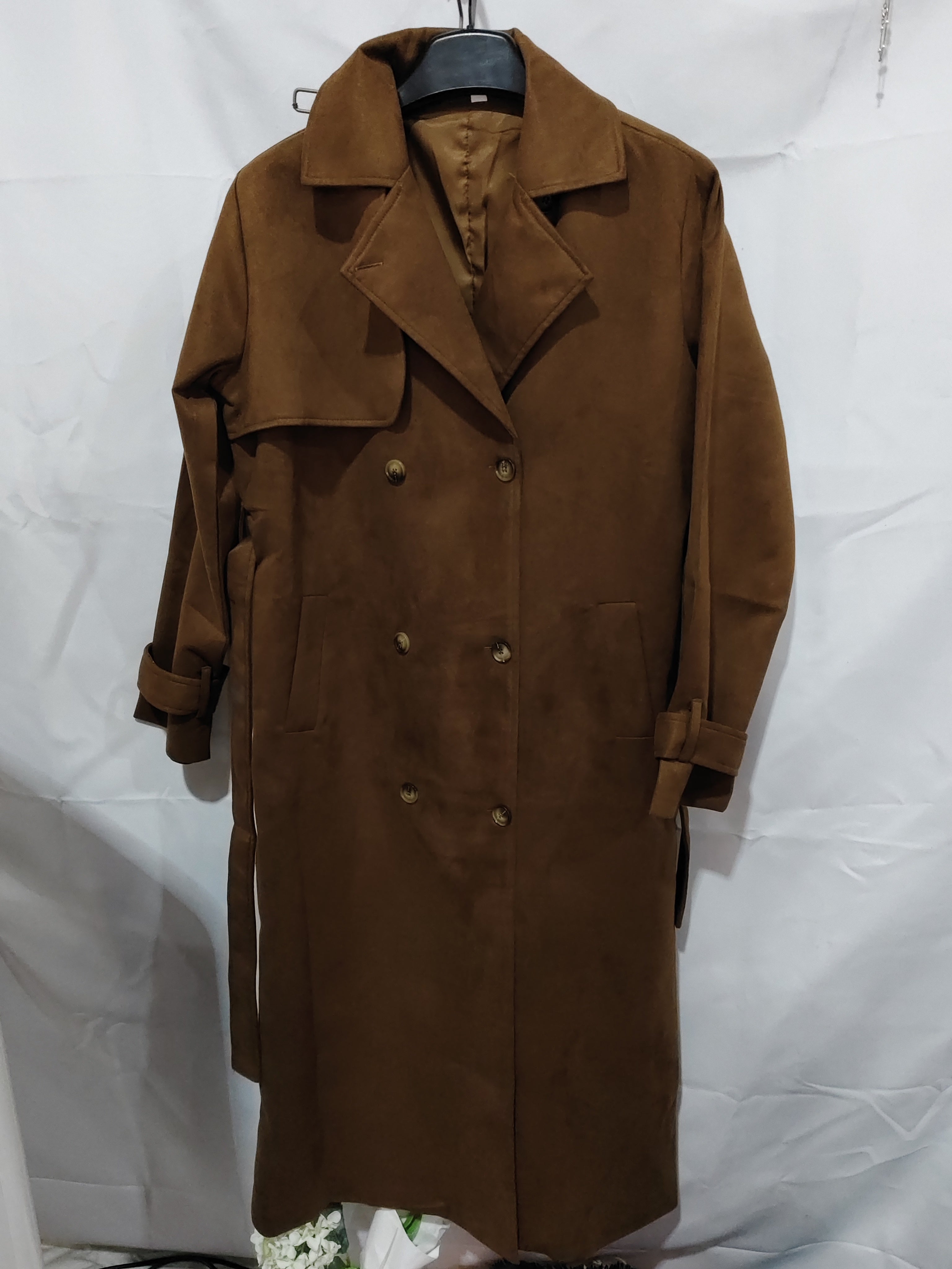 Double Breasted Lapel Shift Coat With Belt Fashion Vintage Suede Long Coat Winter Outwear Women's Clothing