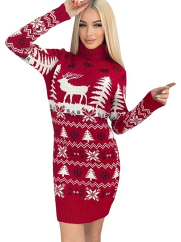 Women's Elk Christmas Tree Jacquard Long Sleeve Dress Sweater