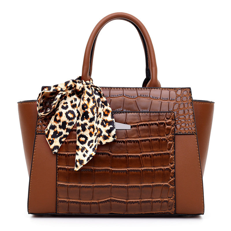 Women’s Crocodile Pattern Hand Shoulder Bag with Tied Leopard Silk Scarf in 9 Colors - Wazzi's Wear