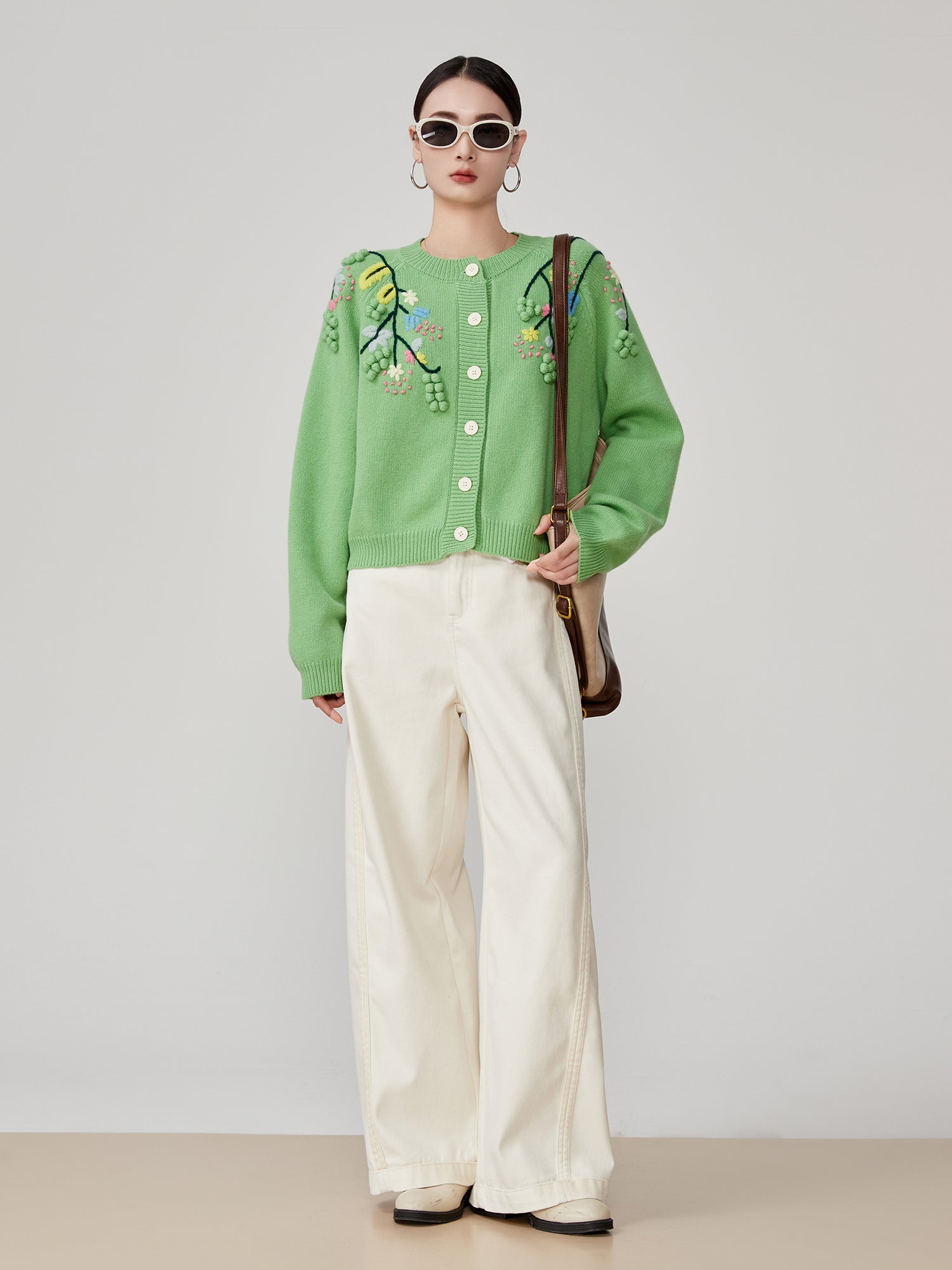 Green Handmade Three-dimensional Embroidered Round Neck Knitted Cardigan For Women