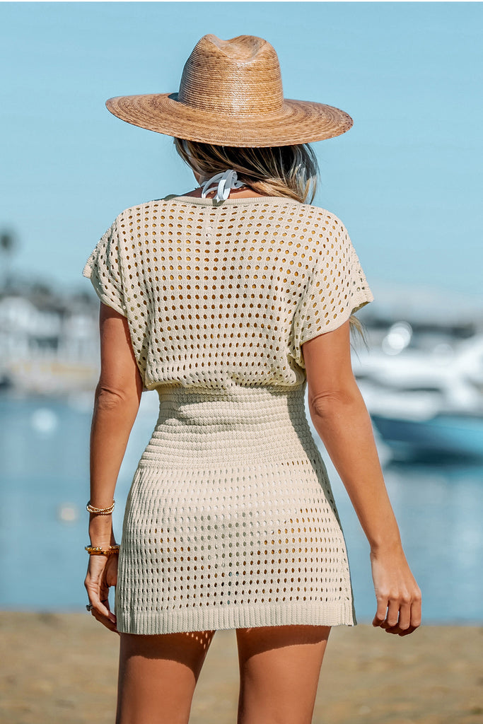 Women's V-Neck Short Sleeve Cover Up Mini Beach Dress