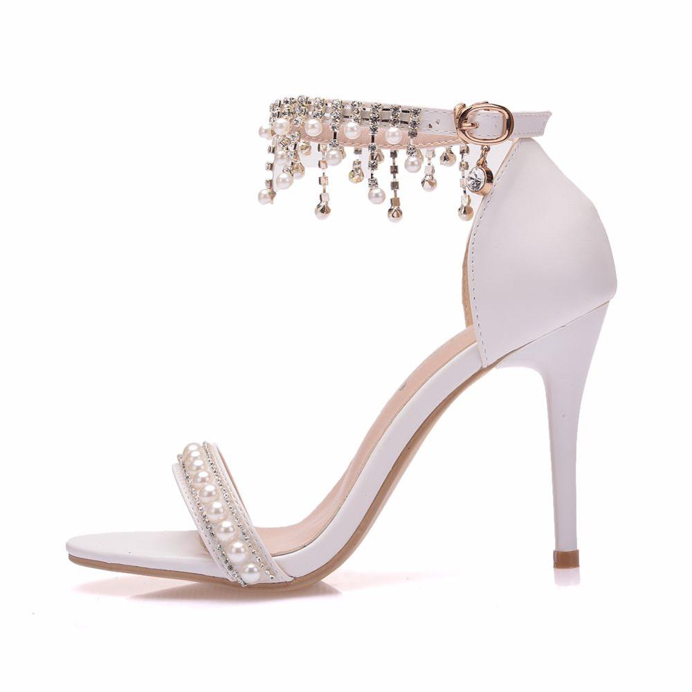 Women’s White High Heeled Stiletto Shoes with Beaded Ankle Strap - Wazzi's Wear
