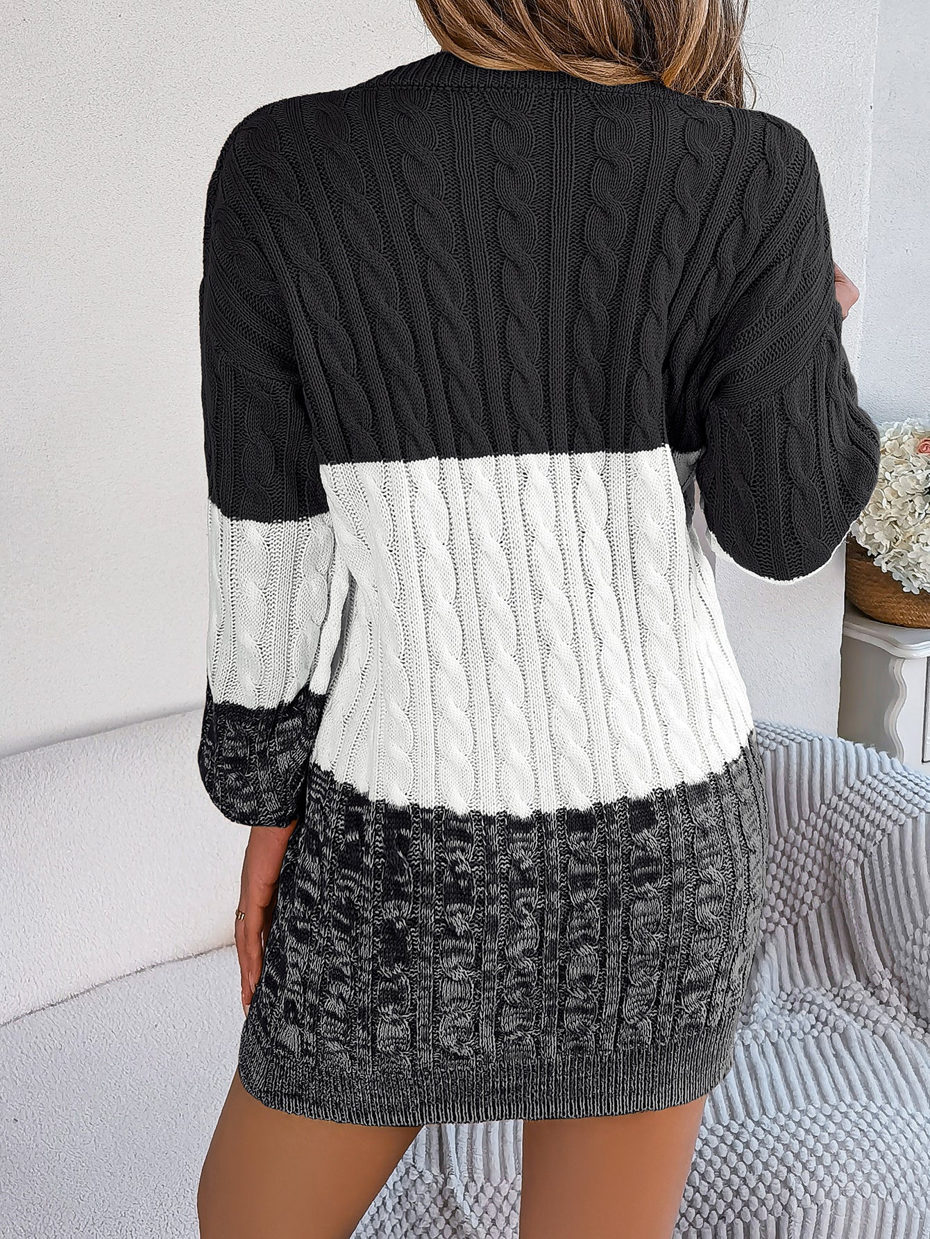 Casual Color Block Cable Knit Lantern Sleeve Sweater Dress