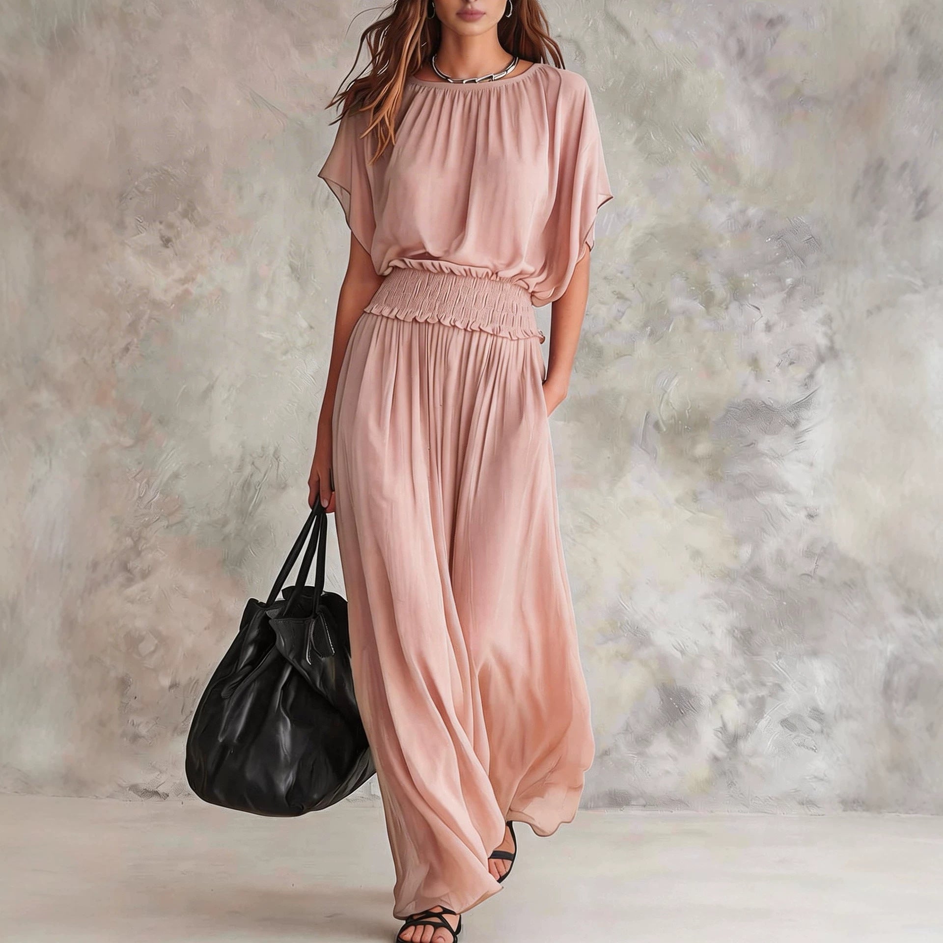 Womens Chiffon Waist-Cinching Ruched Elegant And Sophisticated Long Dress