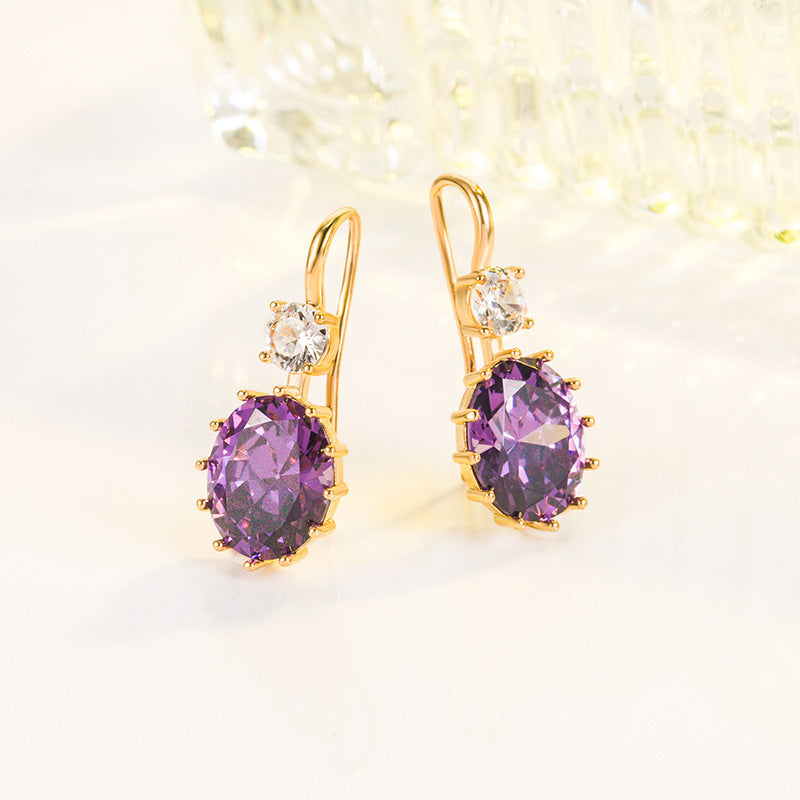 Oval Purple Diamond Zircon Women's 18K Gold Amethyst Earrings