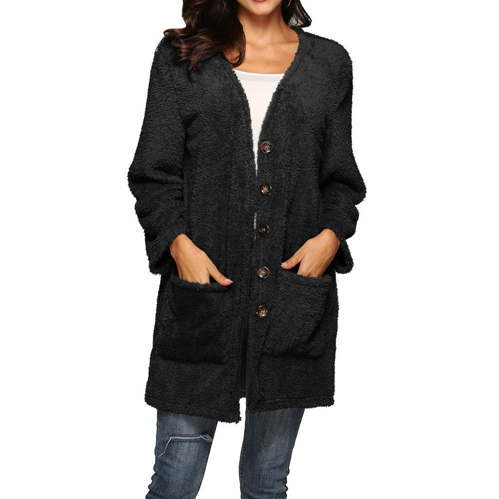 Women’s Mid-Length Plush Cardigan with Pockets in 8 Colors  S-5XL - Wazzi's Wear