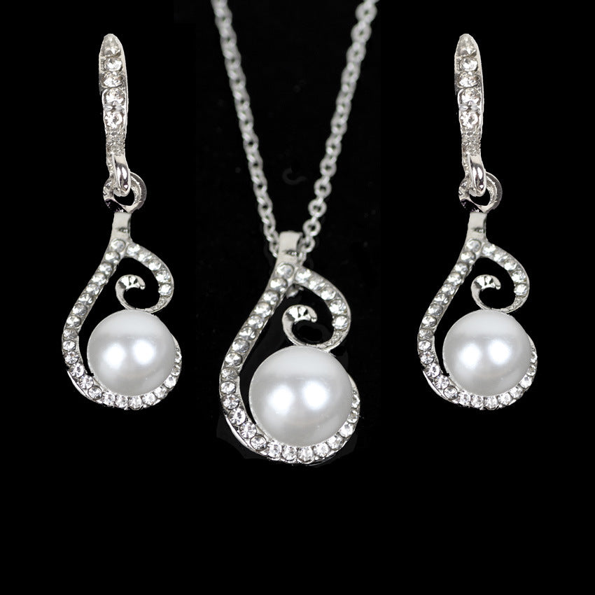 Women’s Rhinestone Diamond and Pearl Drop Necklace and Earrings Set - Wazzi's Wear