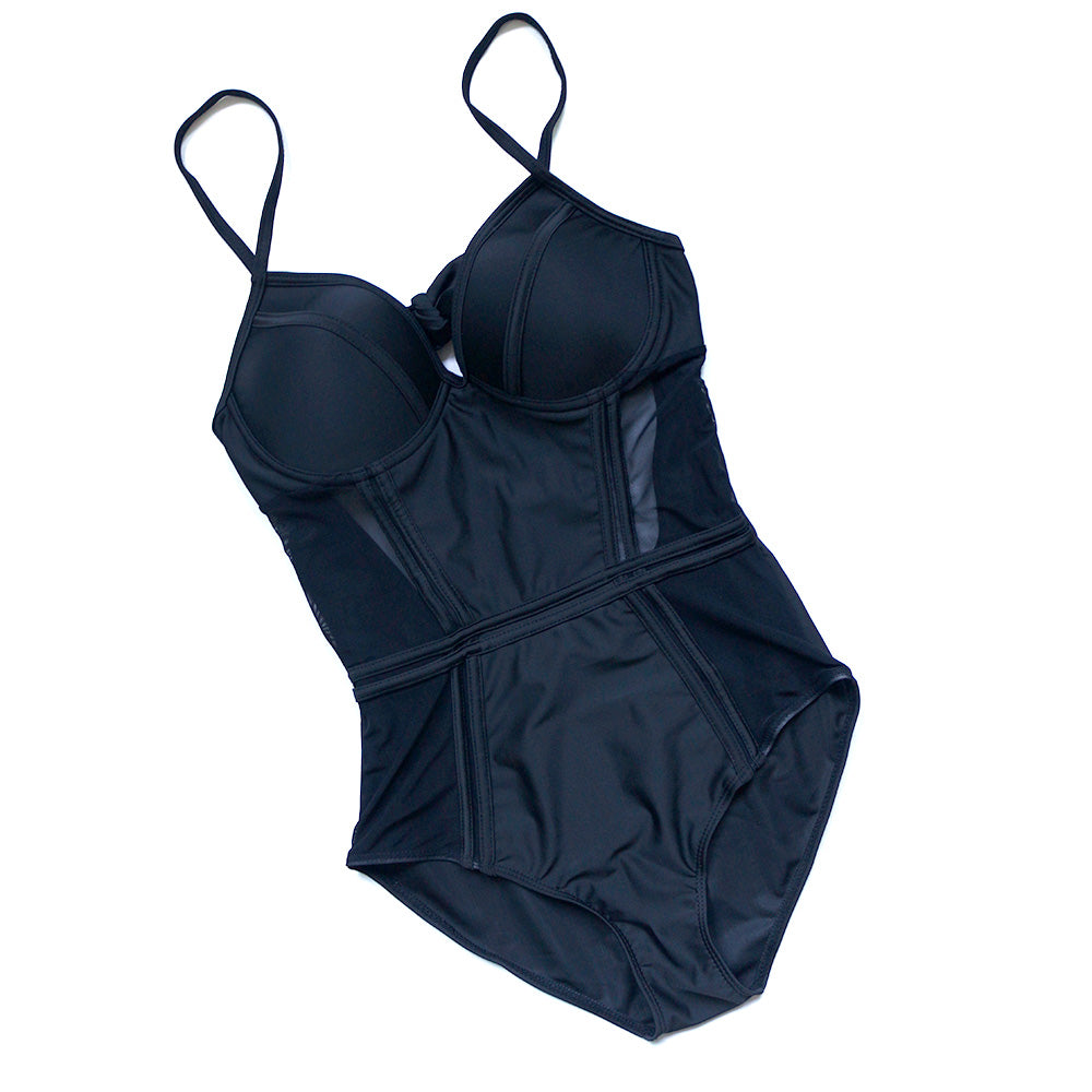 Women’s Black One Piece Swimsuit with Padding and Mesh Detail - Wazzi's Wear