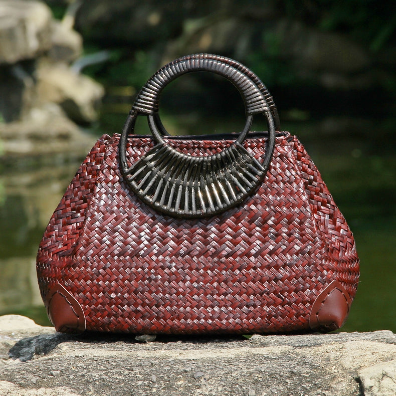 Women’s Rattan Straw Hand Bag with Round Wooden Handle in 2 Colors - Wazzi's Wear