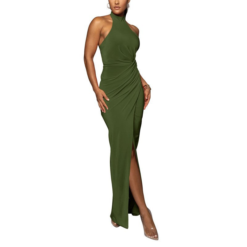 Women’s Sleeveless Halter Neck Evening Dress with Leg Slit in 4 Colors S-2XL - Wazzi's Wear