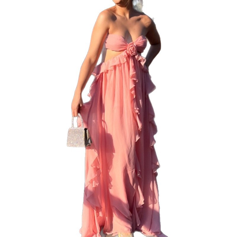 Spliced Ruffle-Trimmed Strapless Resort Long Chiffon Dress