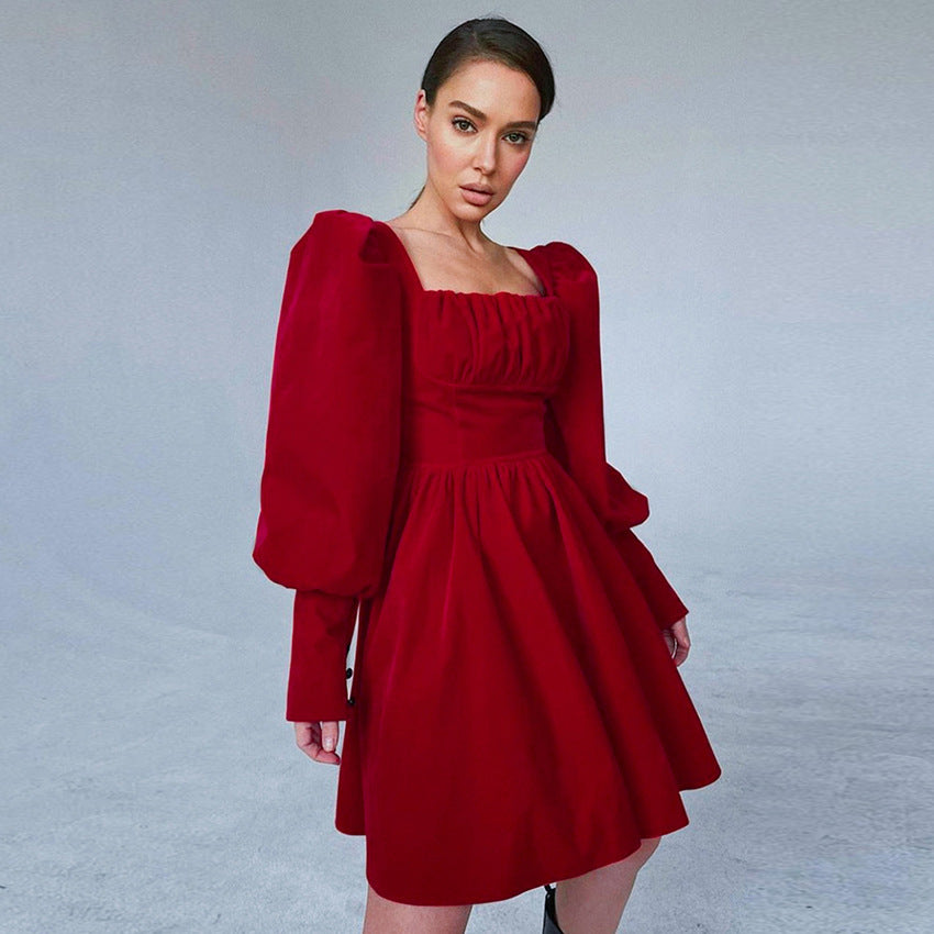 Velvet Red Cocktail Dress European And American A-line Skirt