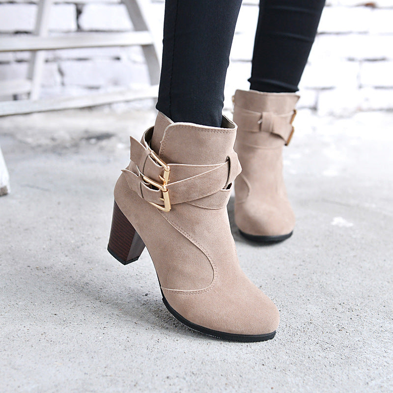 Women’s Suede Thick High Heel Ankle Boots with Buckles 