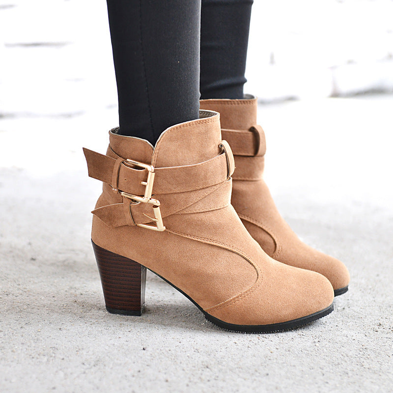 Women’s Suede Thick High Heel Ankle Boots with Buckles 