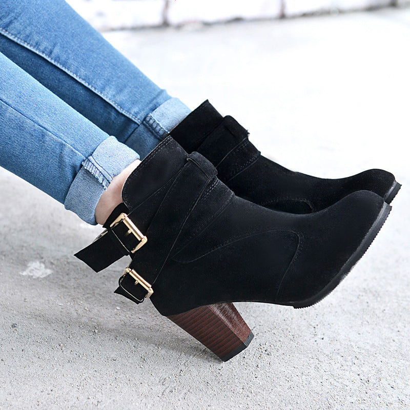 Women’s Suede Thick High Heel Ankle Boots with Buckles 